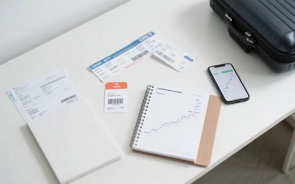 旅行保险理赔所需材料的平铺：票据、手机截图、登机牌、行李标签、笔记本记录，干净清晰的桌面