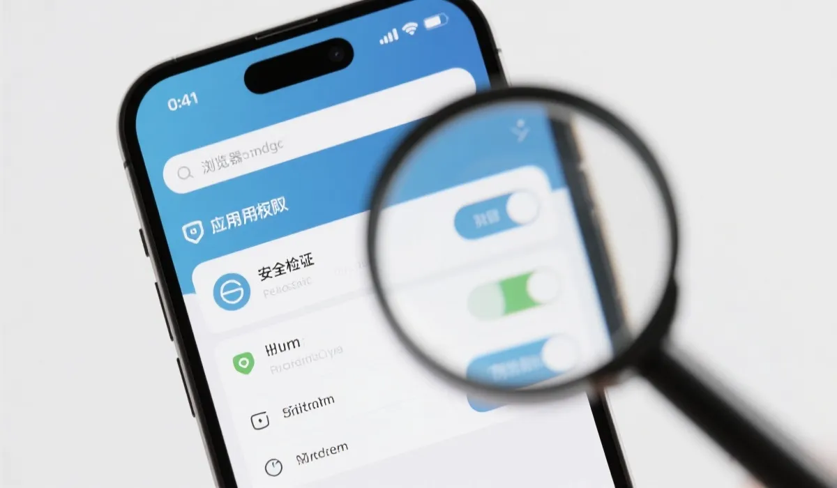 桌面上放大镜对着网址栏与应用权限设置的安全核验场景